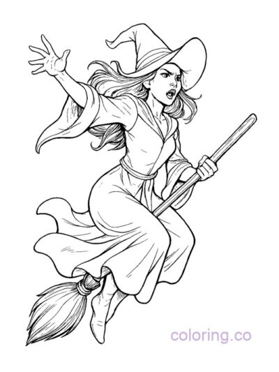Fantasy Witch on Broom Coloring Page