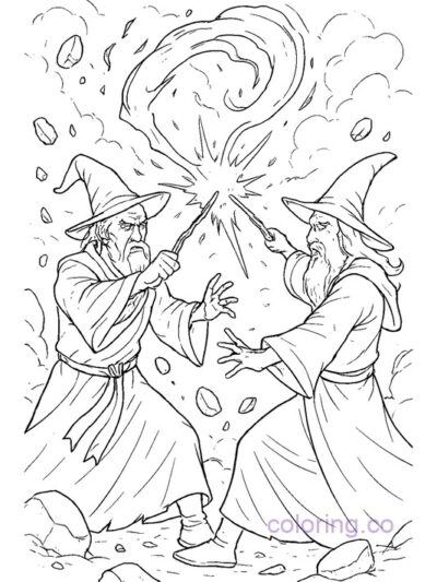 Epic Wizard Spell Duel Coloring Page