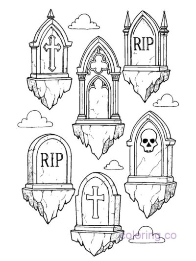 Enchanting Floating Gravestones Coloring Page