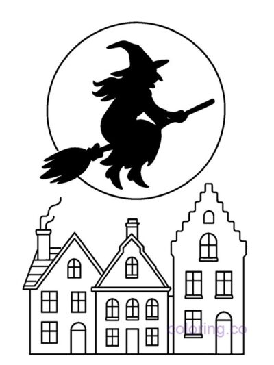 Flying Witch Across the Moon Coloring Page
