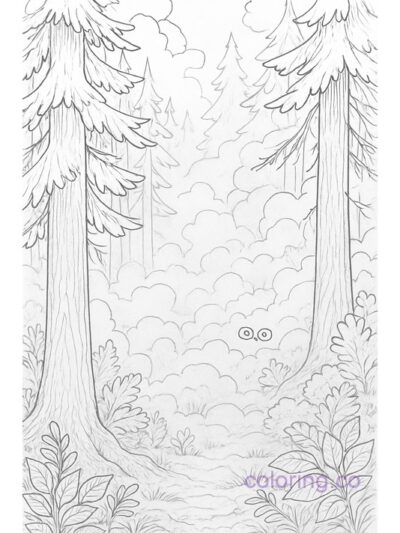 Fog-Filled Forest with Owl Eyes Coloring Page