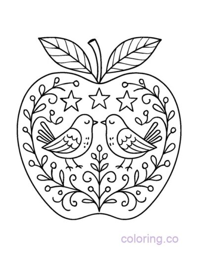 Folk Art Apple with Birds Coloring Page