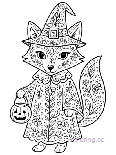 Folk Art Fox Halloween Coloring Page