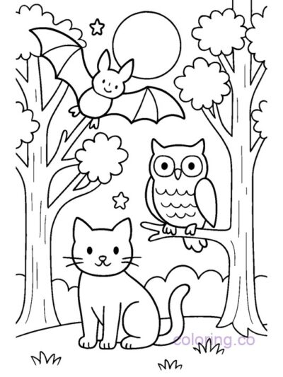 Adorable Forest Animals at Night Coloring Page