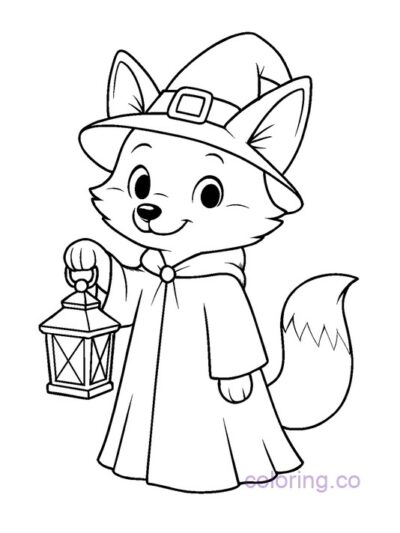 Adorable Fox in Witch Costume Coloring Page