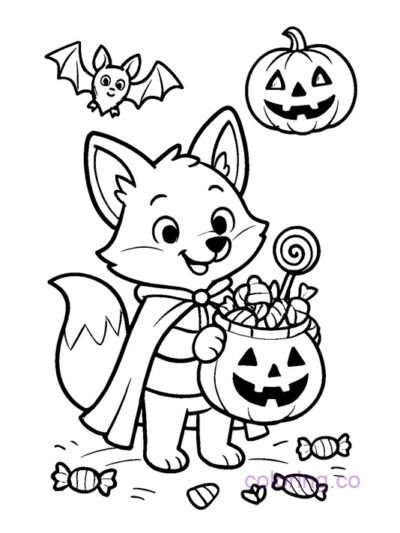 Cute Fox Trick-or-Treating Coloring Page