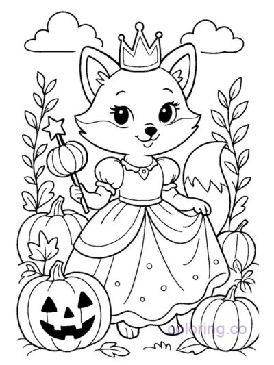 Fox in Halloween Princess Costume Coloring Page