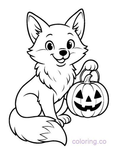 Cute Fox with Pumpkin Lantern Coloring Page