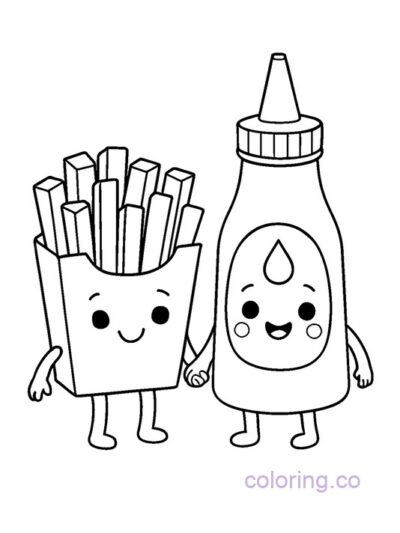 Cute French Fry and Ketchup Coloring Page for Preschool