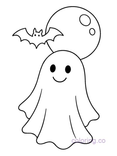 Cute Ghost and Bat Coloring Page