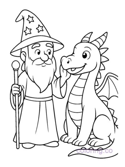 Friendly Wizard and Pet Dragon Coloring Page