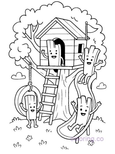 Fun Fries in a Treehouse Coloring Page for Kids