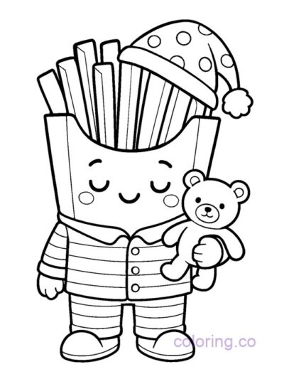 Adorable Pajama Fry Box and Teddy Bear Coloring Page