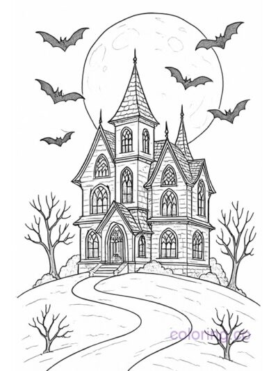 Gothic Mansion with Full Moon Coloring Page