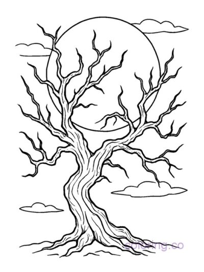 Haunted Tree with Full Moon Coloring Page
