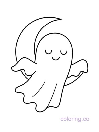 Cute Ghost Floating Over Moon Coloring Page