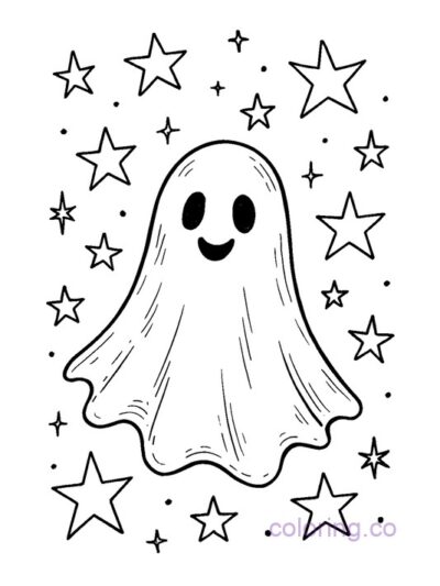 Cute Ghost with Stars Coloring Page