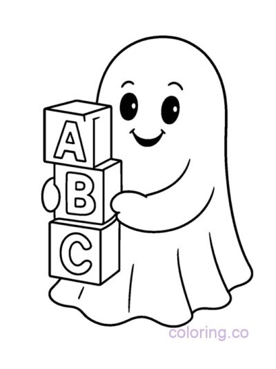 Cute Ghost with ABC Blocks Coloring Page