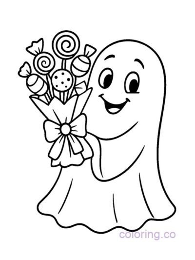 Cute Ghost with Candy Bouquet Coloring Page