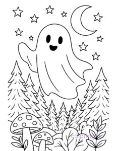 Ghost and Moon in Enchanted Forest Coloring Page