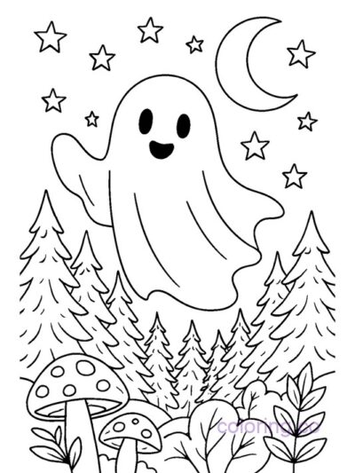 Ghost and Moon in Enchanted Forest Coloring Page