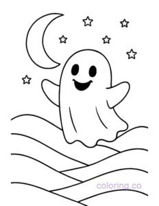 Spooky Ghost and Moon Coloring Page