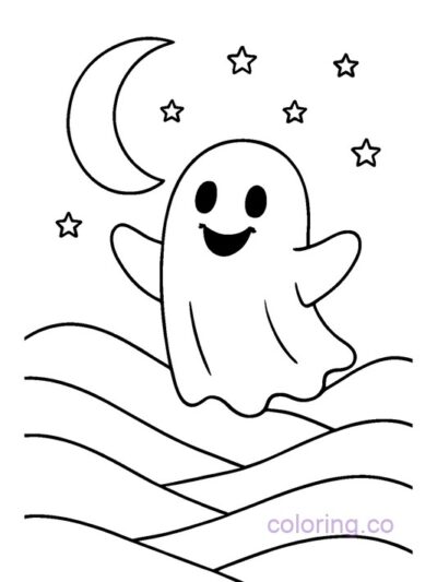 Spooky Ghost and Moon Coloring Page