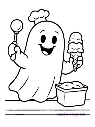 Cute Ghost with Ice Cream Coloring Page