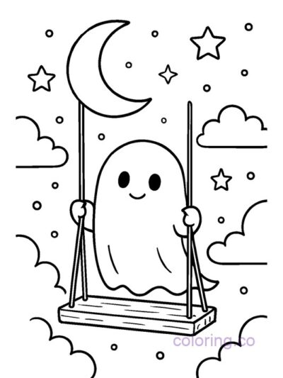 Cute Ghost on Moonlit Swing Coloring Page