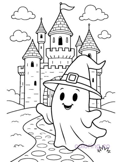 Ghost with Witch Hat in Castle Coloring Page