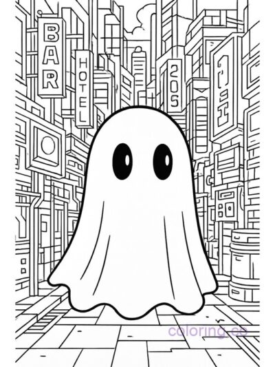 Ghost in Cyberpunk City Coloring Page