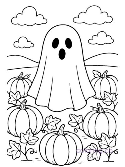 Cute Ghost in Pumpkin Patch Coloring Page