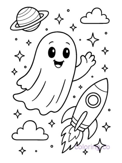 Cute Ghost and Rocket Coloring Page