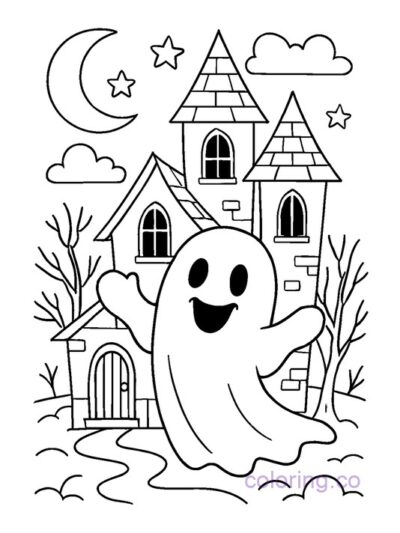 Ghost and Haunted House Kids Coloring Page