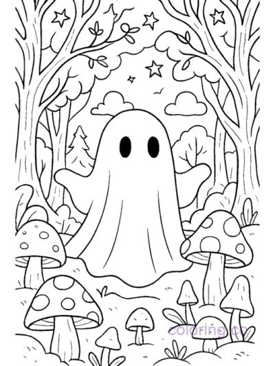 Ghost in Magical Forest Coloring Page