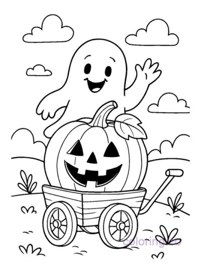 Cute Ghost and Pumpkin Wagon Coloring Page