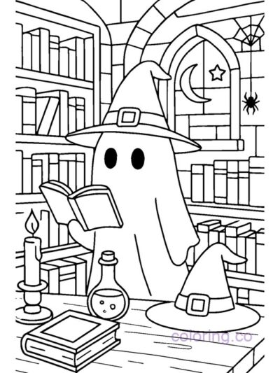 Ghost in a Witch's Library Coloring Page