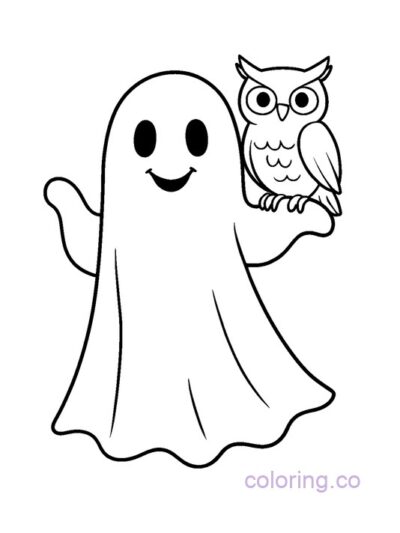 Cute Ghost with Owl Coloring Page