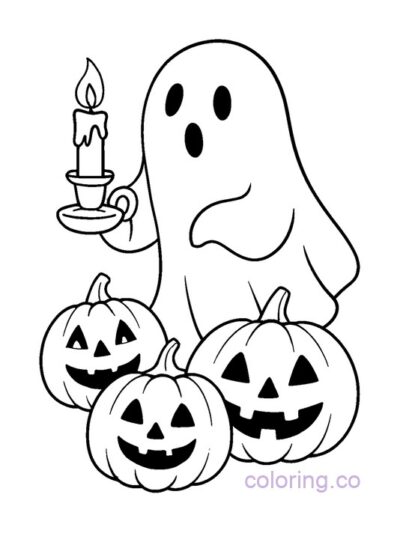 Cute Ghost and Pumpkins Coloring Page