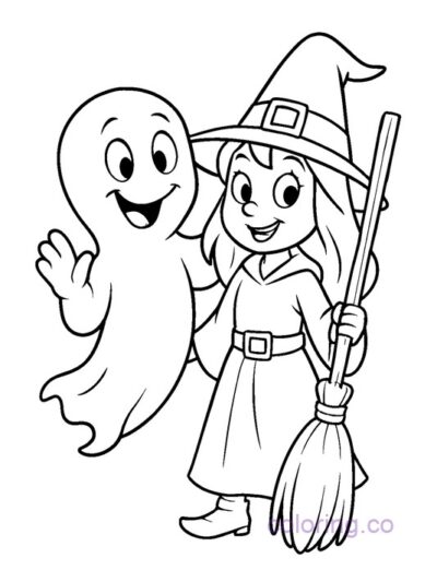 Cute Ghost and Cartoon Witch Coloring Page