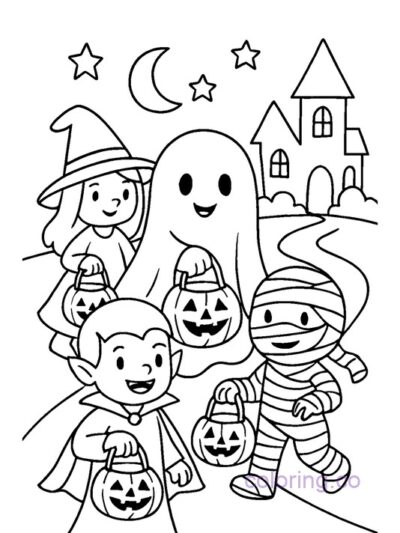 Cute Halloween Trick-or-Treating Coloring Page