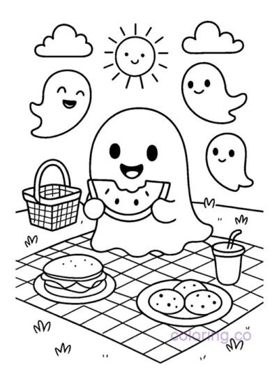 Cute Ghost Picnic Coloring Page