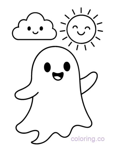 Cute Ghost with Happy Sun and Cloud Coloring Page