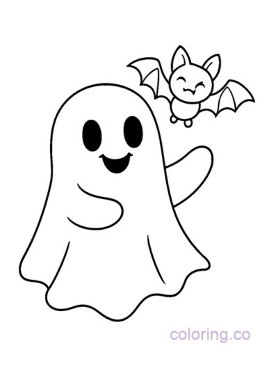 Cute Ghost and Smiley Bat Coloring Page