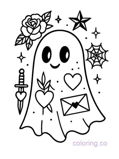 Ghost with Tattoo Flash Style Coloring Page