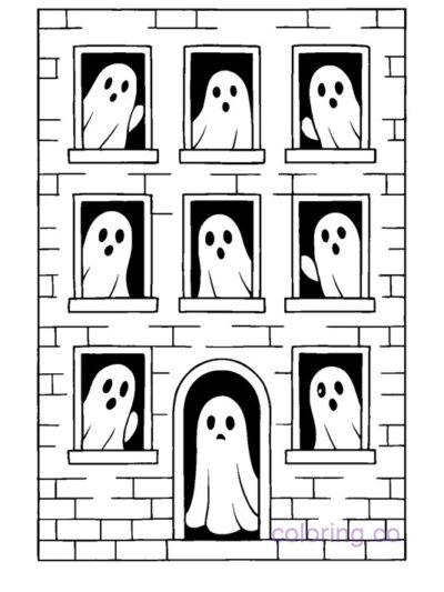 Ghosts Peeking from Windows Coloring Page