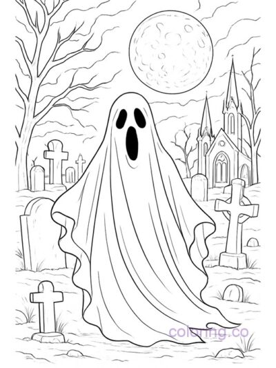 Gothic Ghost in Moonlit Graveyard Coloring Page