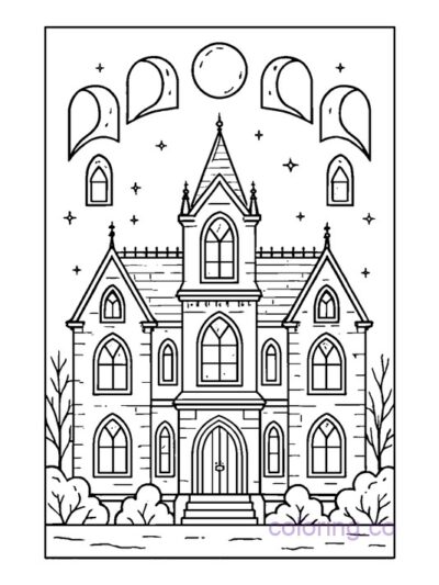 Gothic Mansion Coloring Page with Moon Phases