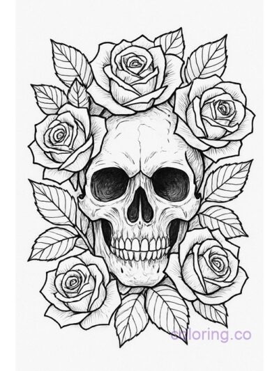 Gothic Skull with Roses Coloring Page