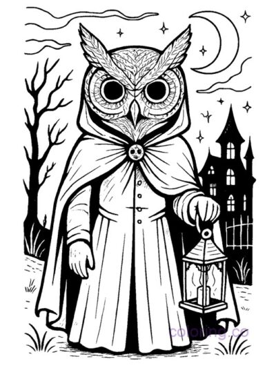 Gothic Spooky Owl Character Coloring Page